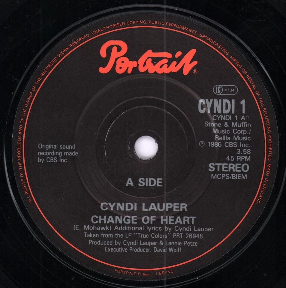 Cyndi Lauper Change of Heart 7" vinyl UK Portrait 1986 - pic sleeve has light - Image 3 of 3