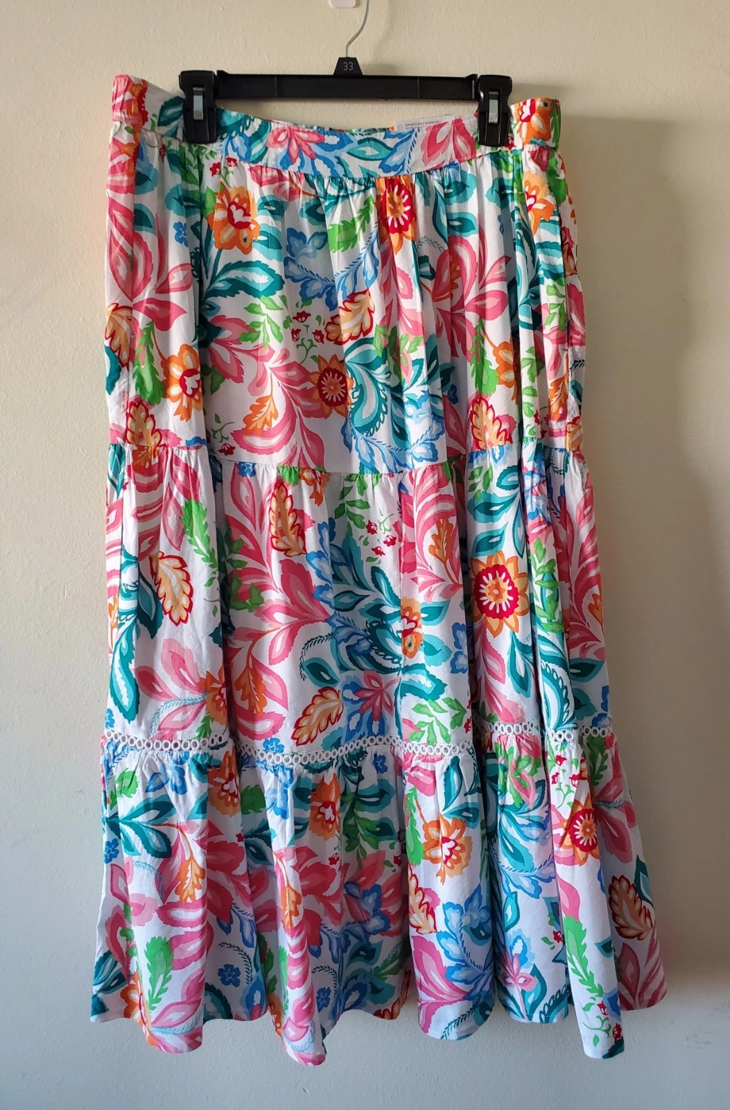 Croft & Barrow Sz L Cotton-Blend Floral Tiered Midi Skirt Pockets White/Multi