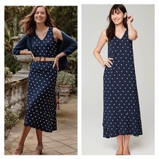 New J.Jill Women’s Flounced-Hem Midi Dress Navy Blue Polka Dot Sleeveless Sz M