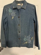 Classic Elements Womens Ladies Blue Denim Embroidered Trendy Retro Jacket Sz S
