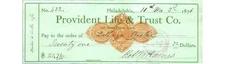 Provident Life & Trust Check 1876 Philadelphia Revenue Stamps Banking Document