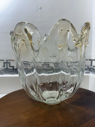 VTG Murano Glass Studio Ruffled Golden Honey Color With Gold Flakes Vase Bowl