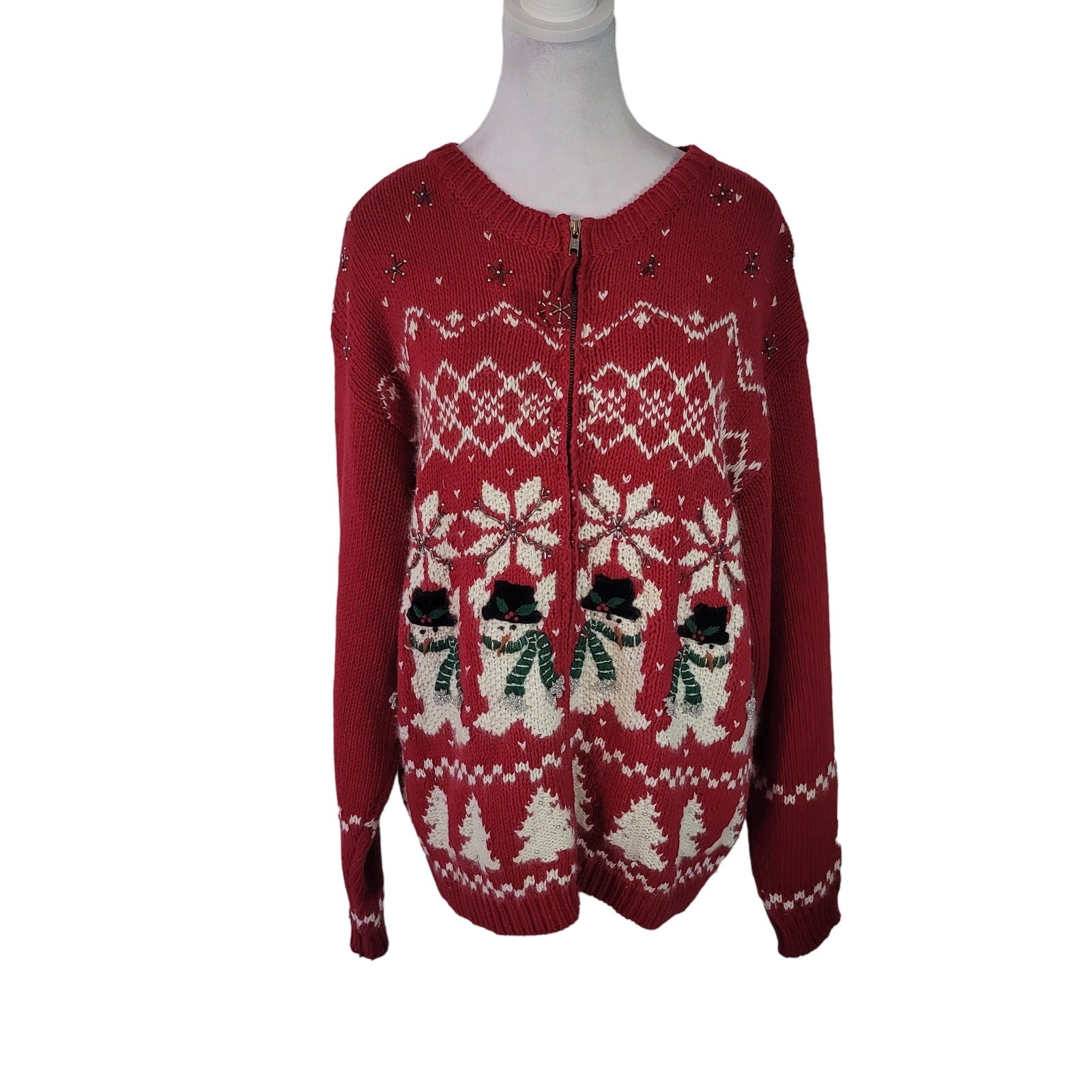 Croft & Barrow Size L Vintage Red Ugly Christmas Full Zip Cardigan Snowmen