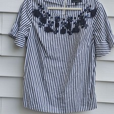 Banana Republic M Striped Tassel Embellished Blouse Ruffle Sleeve Coastal