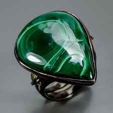 Handmade 34 ct Natural Malachite Ring 925 Sterling Silver Size 7.5 /R442024