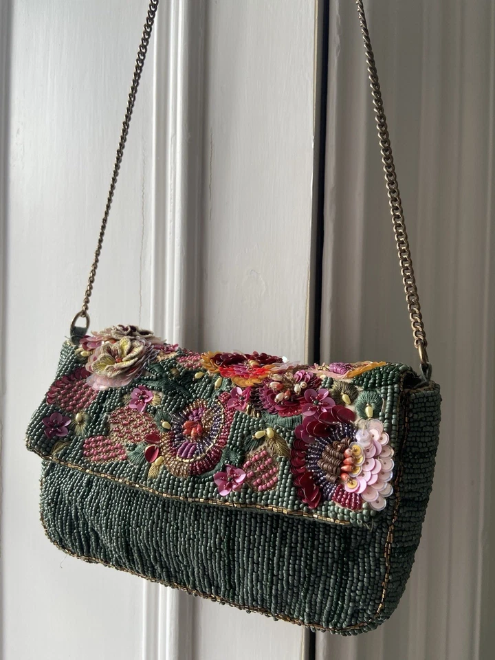 Zara Rare Seafoam Green Floral Sequin & Appliqué Bag EUC - Image 2 of 4