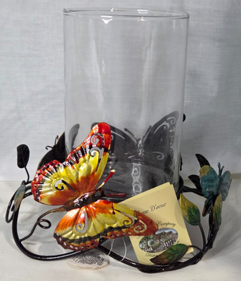 Butterflies Hurricane Multi colored Metal & Glass Pillar Candle Holder