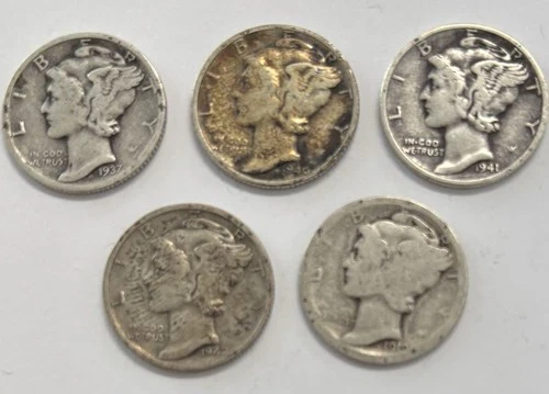 5 Silver Mercury Dimes - Poor Fair Good Conditions