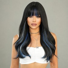 Soft Heat Friendly Black blue Costume Wigs With Fringe Synthetic Hair Long Wavy
