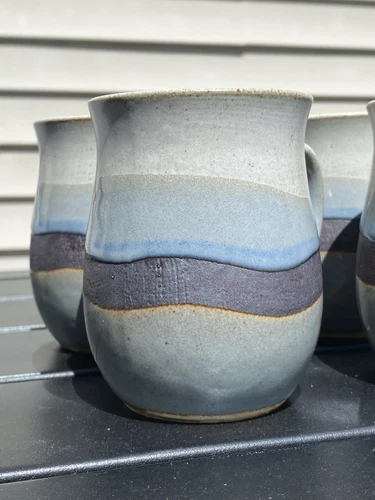 Vtg Set 4 Otagiri Stoneware Pottery Cups Japan Blue Wave Gray Hand Crafted