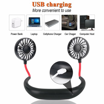 LED Portable USB Rechargeable Neckband Dual Cooling Mini Fan Lazy Neck Hanging