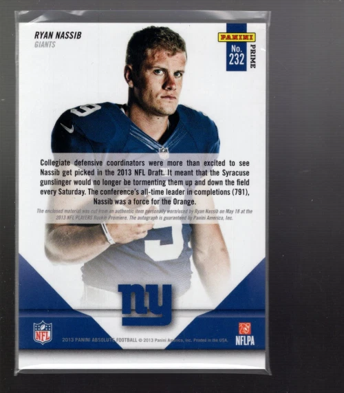 B5175- 2013 Absolute Rookie Materials Oversize Prime #232 Ryan Nassib /49 - Image 2 of 2
