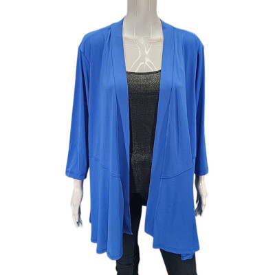 Susan Graver Dressy Liquid Knit 3/4 Sleeves Cardigan w Peplum 2X Plus Size Blue