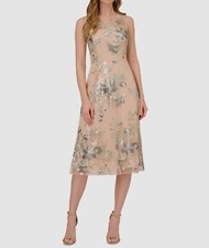 Adrianna Papell Women's Beige Floral Foil Embroidered Boatneck Dress Size 0