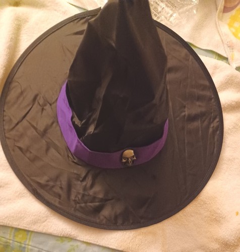 Halloween Costume Girls Purple & Black Gothic Witch w/Hat & Black ❤️ Fishnet M - Picture 3 of 4