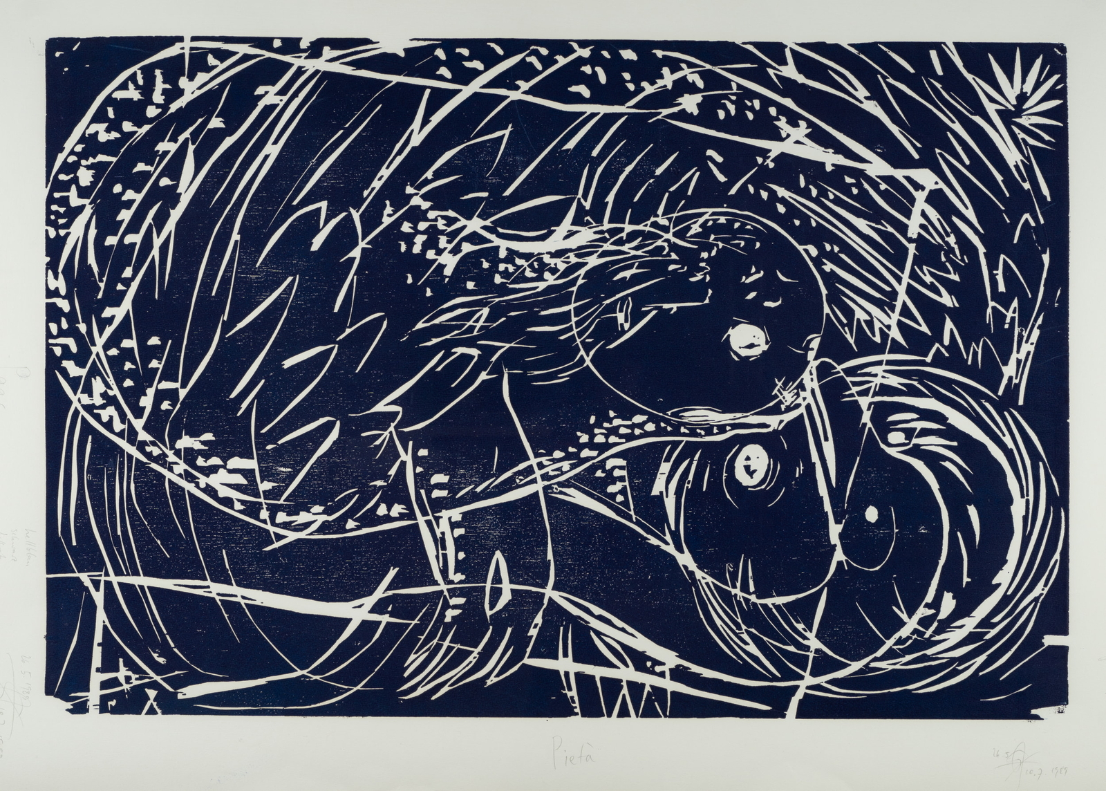 J. HAFNER (*1940), Paar (Pietá), 1989, Farbholzschnitt Contemporary Abstrakt