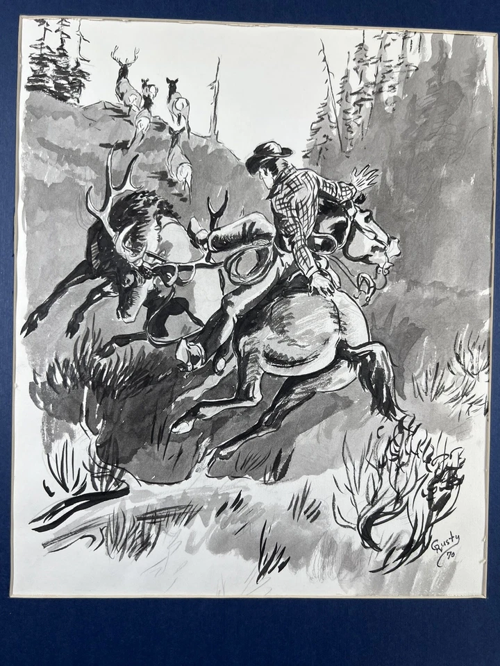 Rusty Phelps Buck Charging Cowboy Watercolor & Ink Painting Deer Signed 1970 - Image 2 of 4