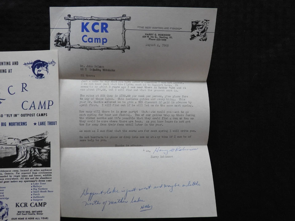 1965 KCR CAMP HARRY ROBINSON HUNTING FISHING GUIDE STERLING IL WHITE DOG ONTARIO - Image 3 of 4