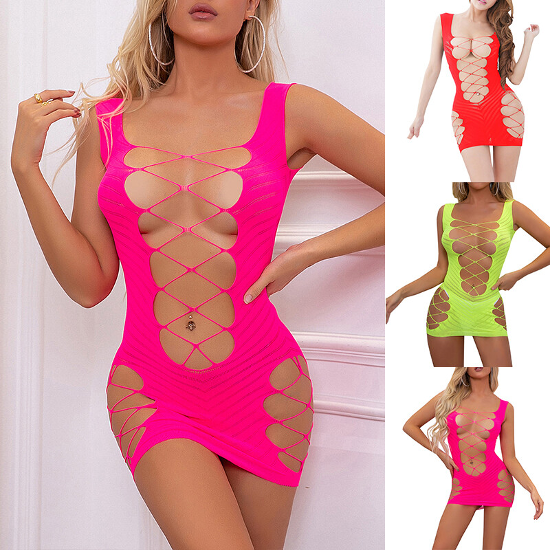Women Fishnet Babydoll Lingerie Sexy Hollow Bodysuit Sleepwear Dress