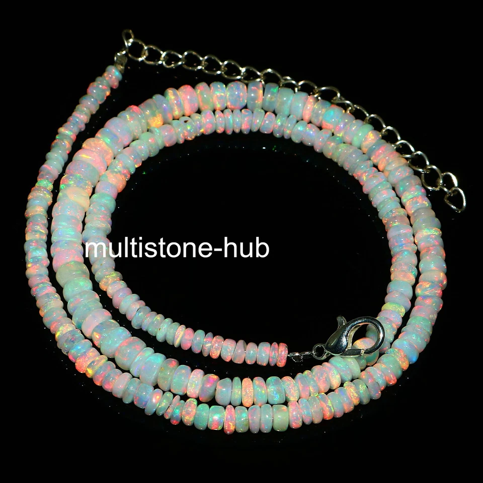 天然埃塞俄比亚 Welo 火蛋白石圆形串珠宝石项链 16 英寸 — 第 2/3 张图片