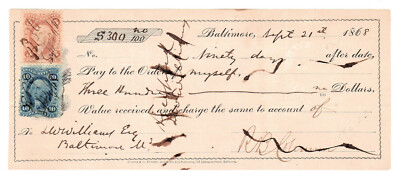 1868 Baltimore First National Bank 90 Day Time Draft   w/ R24C & R37C Revenues