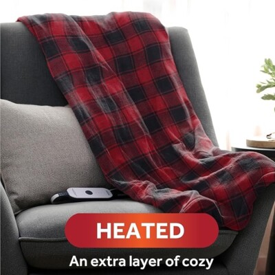 Sunbeam Royal Luxe Red Black Buffalo Plaid Heated Personal Throw Blanket 