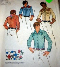 VTG 1970s MENS WESTERN Embroidered SHIRT Sewing Pattern CHEST 32-33.5