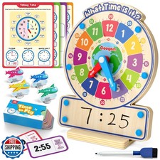 Coogam Wooden Clock Teaching Time Toy, Analog Digital Clock with