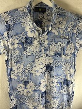Roundy Bay Mens Hawaiian Shirt Large Slim Fit Blue Floral Summer Casual Vintage