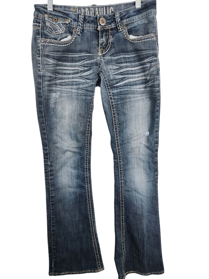 Pantalones de mezclilla para mujer hidráulicos desgastados talla 3/4 elásticos acampanados bolsillos bordados Foto 4 de 4