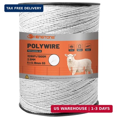 Electric Fence Polywire 3280ft (1000m), 6-Strand Stainless Steel Conductors, Rus
