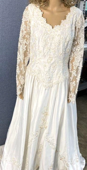 Vestido de novia vintage premium blanco satinado manga larga encaje talla grande Foto 2 de 4