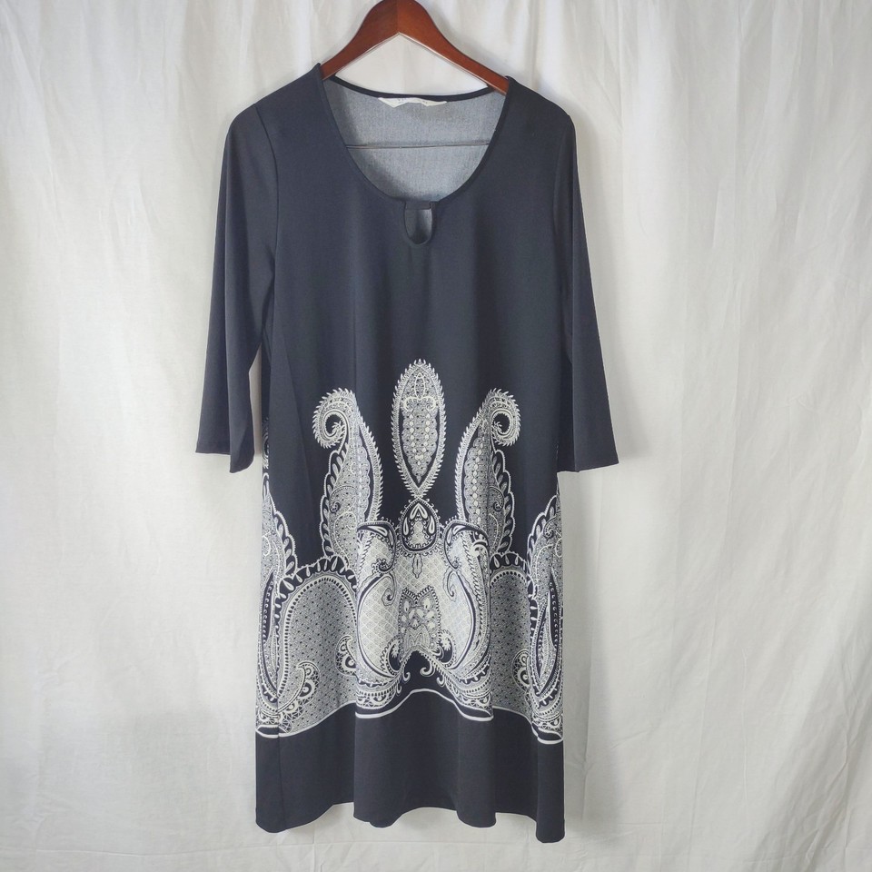 Virtuelle Women Size S Black White Long Floral Paisley Print Shift Dress Stretch