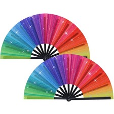 2 Pcs Rainbow Glitter Hand Fans, Large Pride Folding Rave Fan, Colorful Holog...