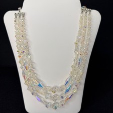 Vintage Aurora Borealis Clear Glass Bead Necklace Silver Tone Rhinestone Accents