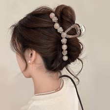 Large Hair Claw with Camellia Flower and Pearl Embellishment for Women Updos