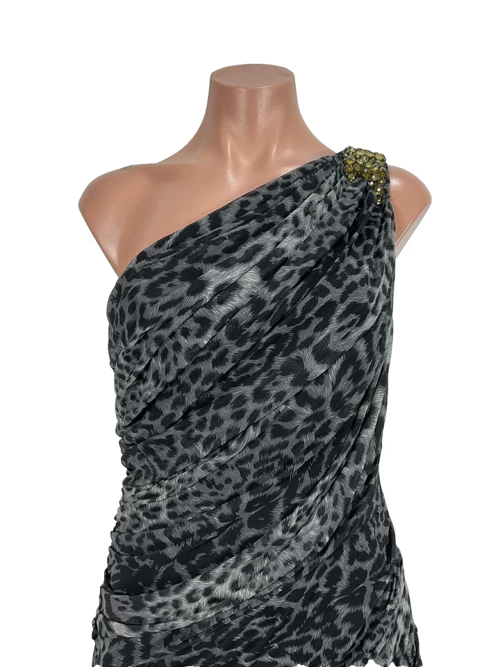 Vestido Tadashi Shoji Noche Midi Estampado Leopardo Talla S Un Hombro Acanalado Cóctel Foto 3 de 4