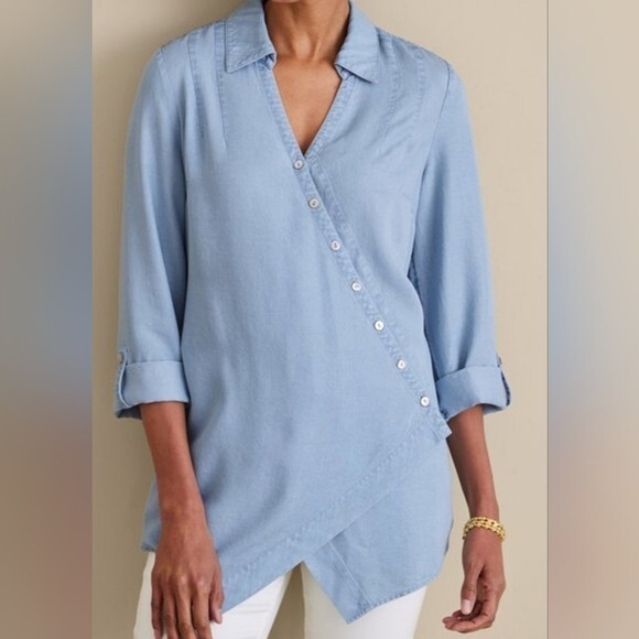 Soft Surroundings Crossover Asymmetrical Denim Wash Tencel Chambray Tunic XL