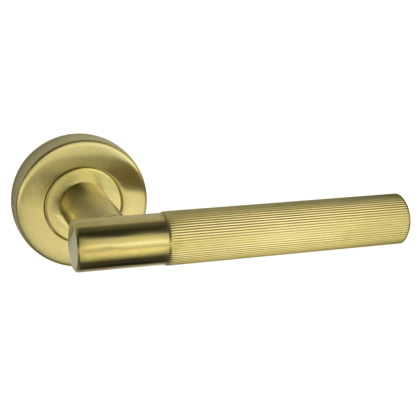 Satin Brass Straight Knurled Door Handles on Rose