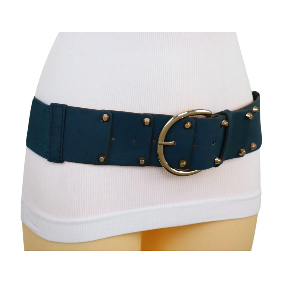 Women Blue Faux Leather Elastic Band Fashion Belt Gold Metal  display picture 2