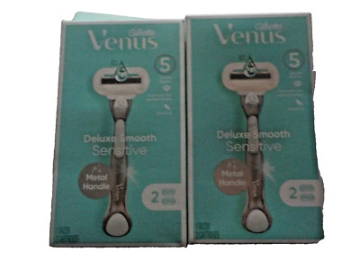 2 NEW Gillette Venus Deluxe Smooth Sensitive Metal Handle 5 Blades 2 Cartridge