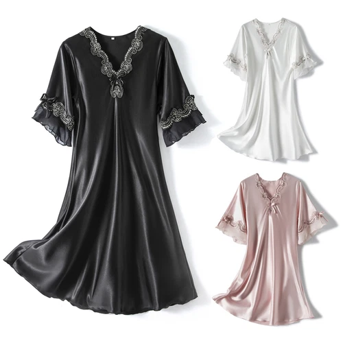 Damen Satin Nachthemd Sommer Luxus Weich Spitze Kurzarm V-Ausschnitt Schlafshirt - Bild 2 von 32