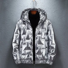 Mens Metallic Shiny Duck Down Quilted Jacket Tops Hooded Coat Parka Overcoat