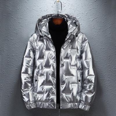 Men's Metallic Shiny Duck Down Quilted Jacket Hooded Parka Top