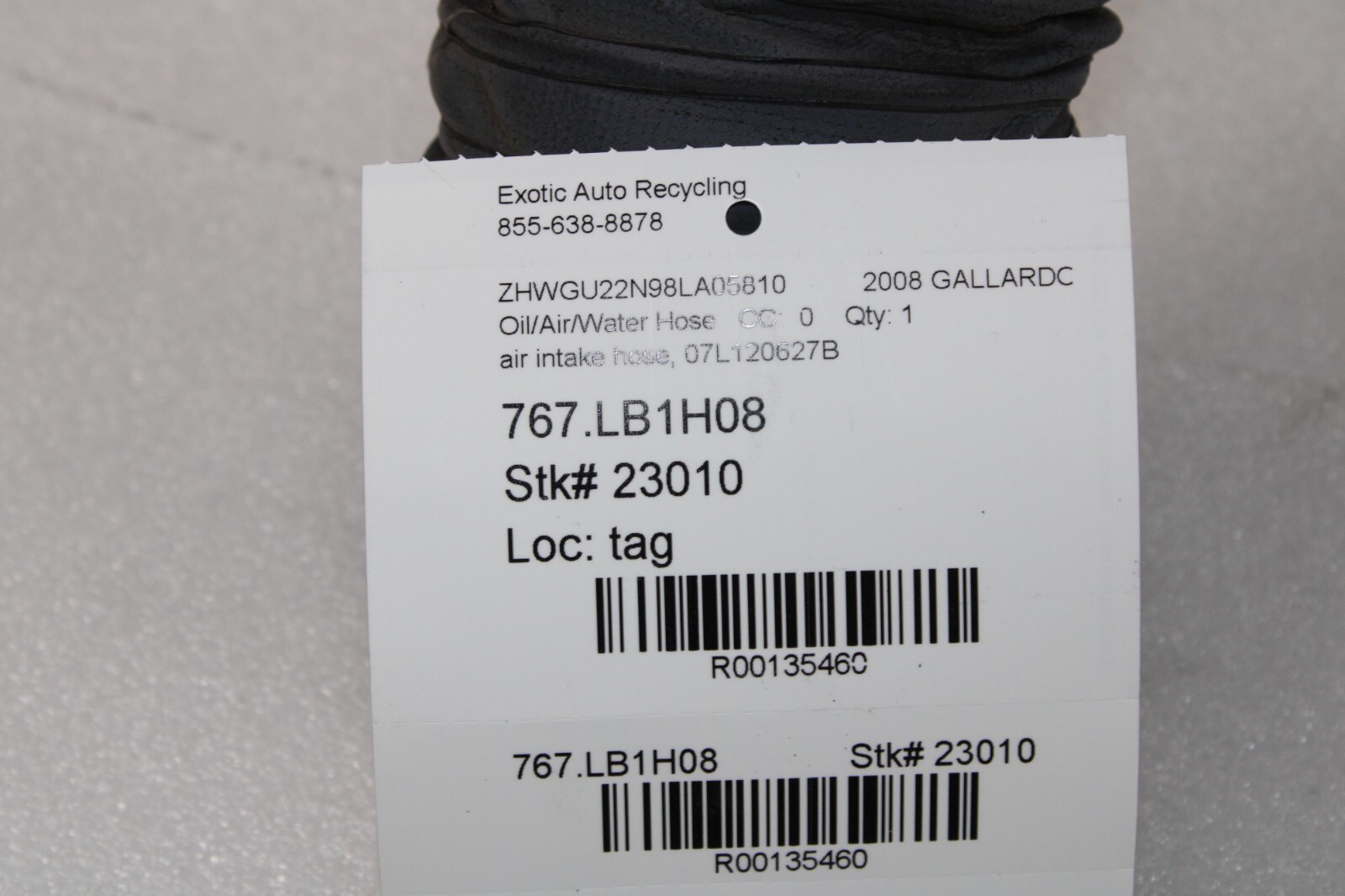 Lamborghini Gallardo, Spyder, ACL to Air Duct Hose, Used, P/N 07L129627B
