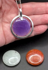 New Vtg GSJ Modernist Interchangeable Lavender Green Red Jade Sterling Necklace