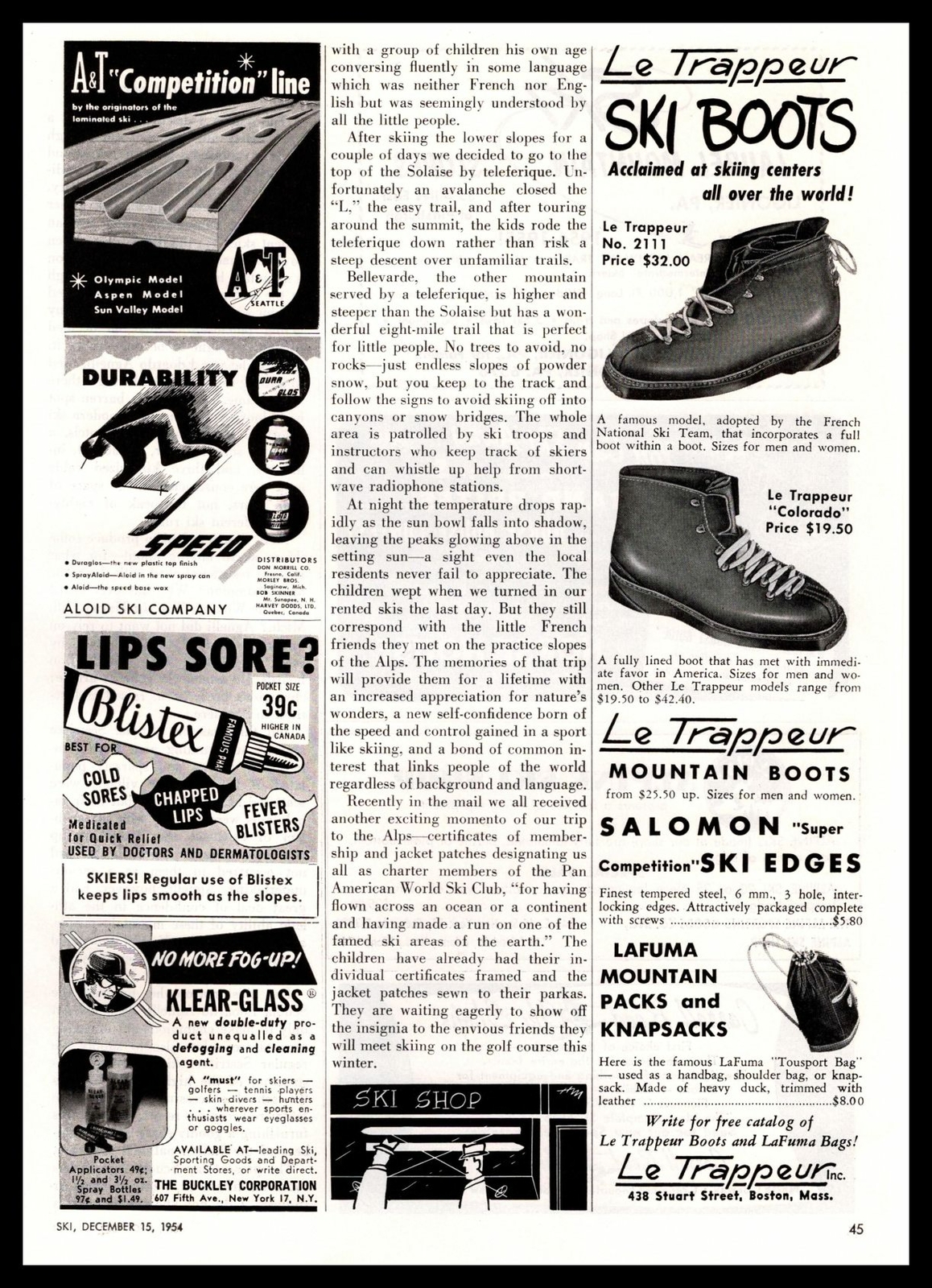 Scarpone da sci 1954 Le Trappeur Mountain Salomon Boston Massachuse pubblicità stampa d'epoca
