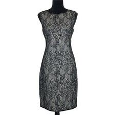 T Tahari Dress 8 White Black Faux Lace Sheath Open V Back Notch Leather Trim LN