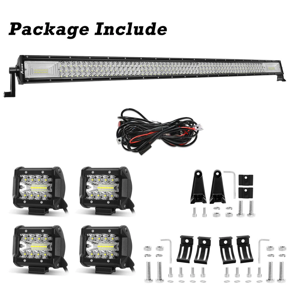Barra de luz LED de 52 pulgadas + cápsulas de 4" + kit combinado de cables para Jeep Wrangler JK TJ YJ CJ Foto 2 de 4