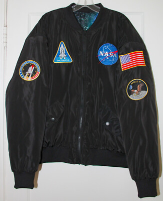 Rare NASA MA-1 Style Flight Bomber Jacket Black Space Shuttle
